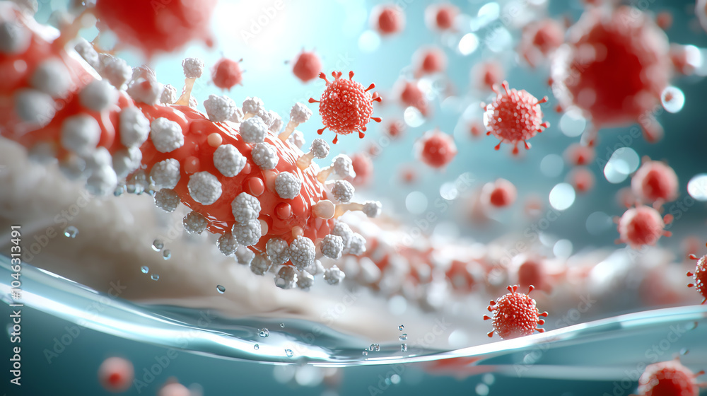 Poster microscopic view of viral particles in liquid environment exploring the intricacies of infection and