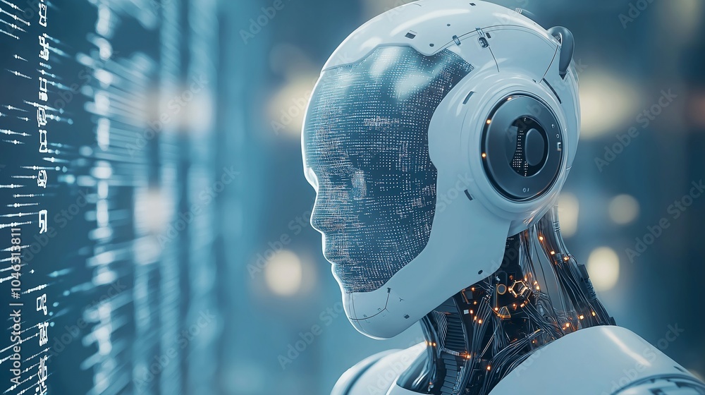 Poster futuristic robot surrounded by digital data streams