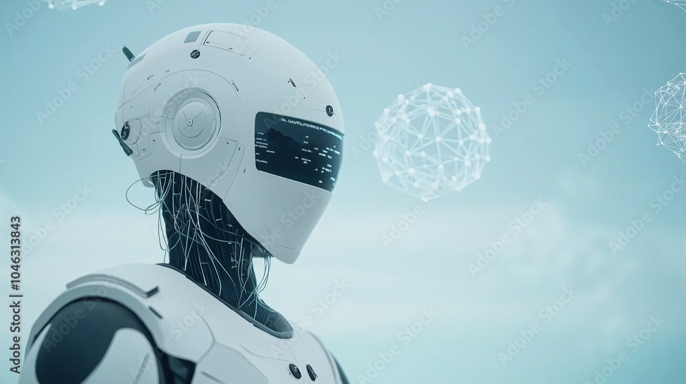 Poster futuristic robot surrounded by floating technology