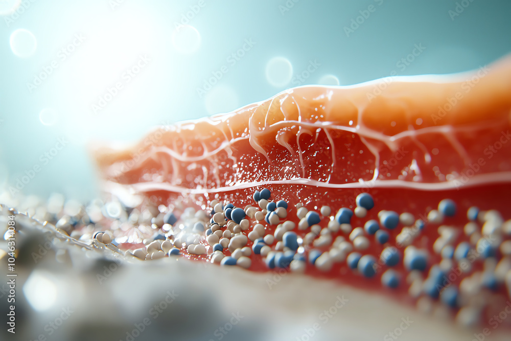Poster intricate close-up of layered gelatinous structure with colorful particles a dive into microscopic b