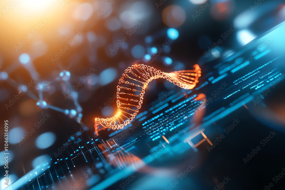 Poster exploring the intersection of genetics and technology a visual representation of dna in the digital 