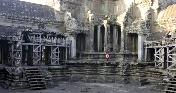 Interior architecture of historic Angkor Wat temple in Sie Rep, Cambodia.