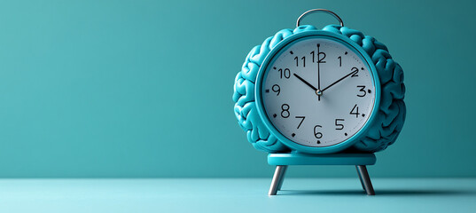 A modern brain-shaped alarm clock on a minimal pedestal, perfect for wellness themes, promoting mindfulness, ideal for mental health campaigns and sleep awareness events.