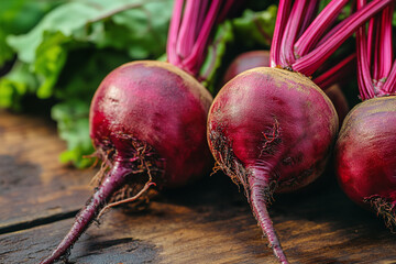 Close-up of a freshly picked beetroot with earthy skin and vibrant purple hue.