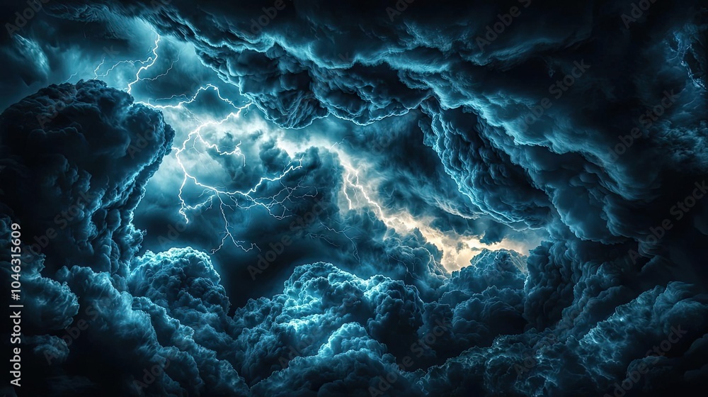 Poster dramatic storm clouds illuminated by lightning, creating an intense atmosphere.