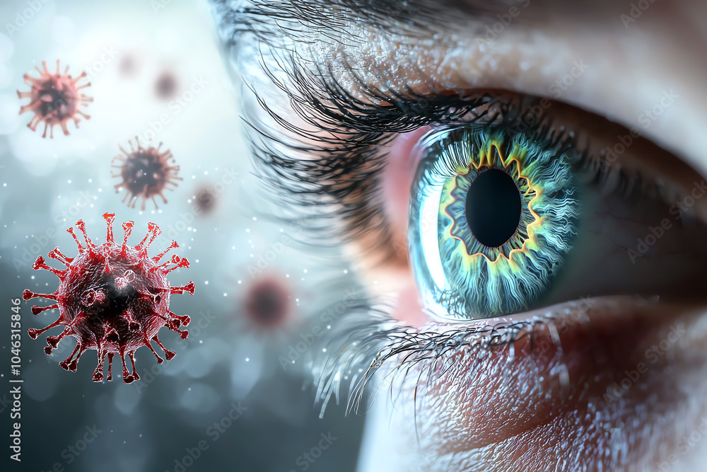 Poster exploring the impact of virus on human perception a close-up of the eye and pathogen interaction