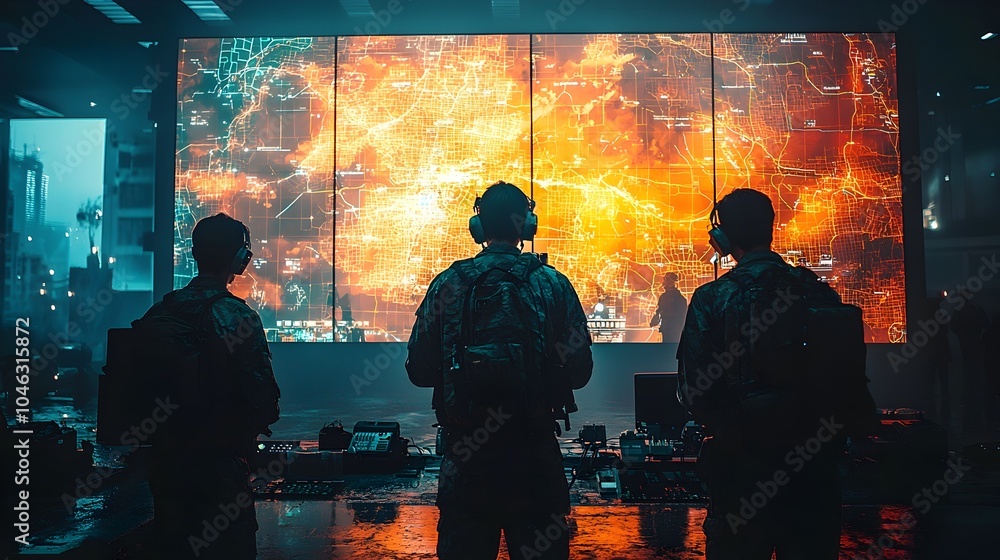 Poster holographic flood control room with operators using advanced technology to monitor flood maps respon
