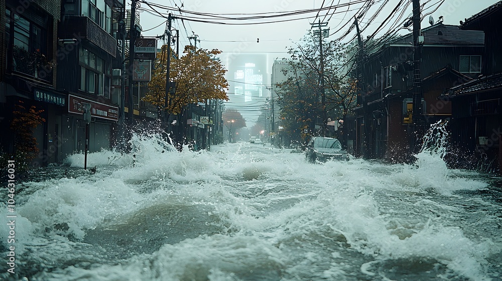 Poster a photograph showcasing a cutting edge smart flood barrier in action during heavy rains with hologra
