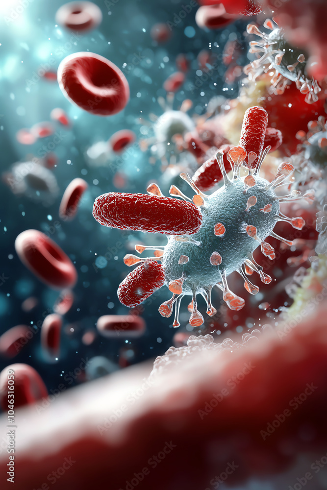 Poster exploring the intricate world of viruses a close-up on pathogens interacting with blood cells