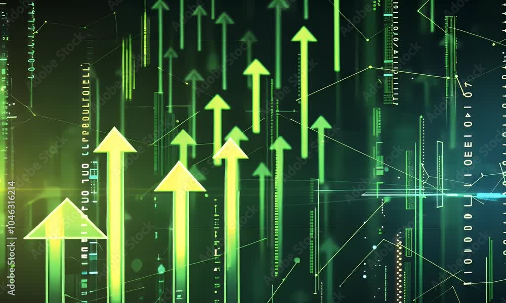 Poster 3d rendering of glowing green arrows pointing upwards on a digital background with blue lights and b