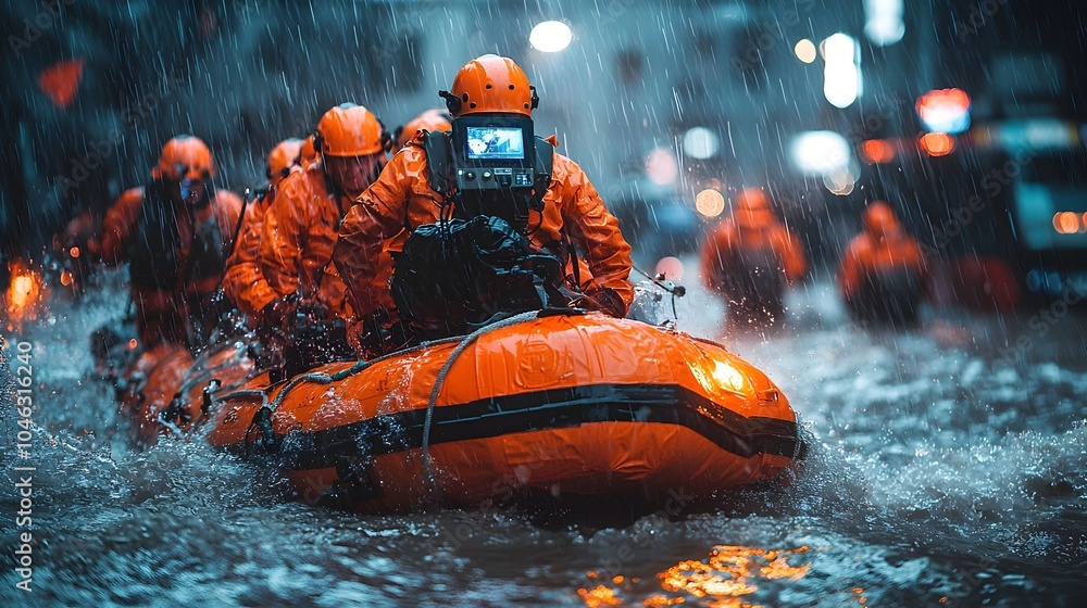 Poster photograph showcasing an emergency response team in action during a flood event with holographic dis