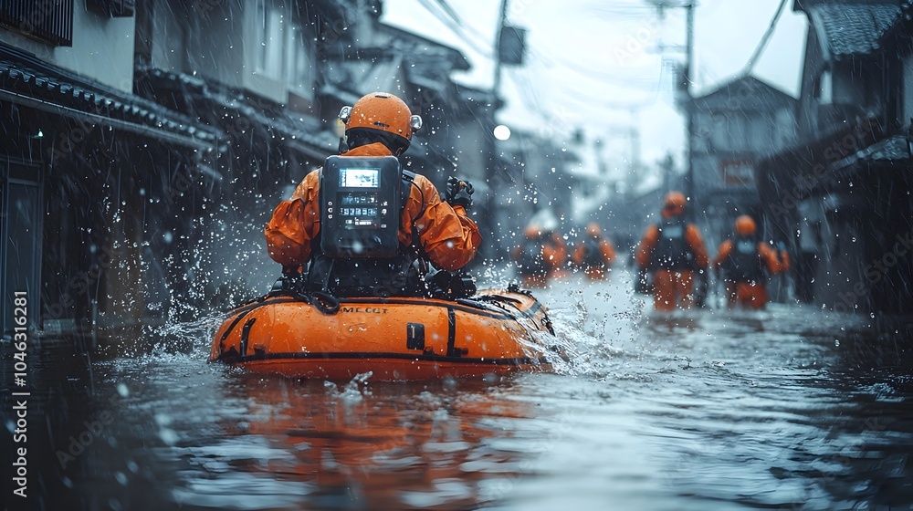 Poster emergency response team in action during a flood using holographic technology to coordinate rescue f
