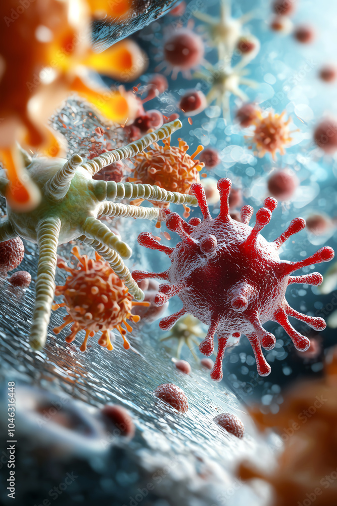 Poster intricate microbial world a stunning visual of viruses and bacteria interacting in a microscopic env