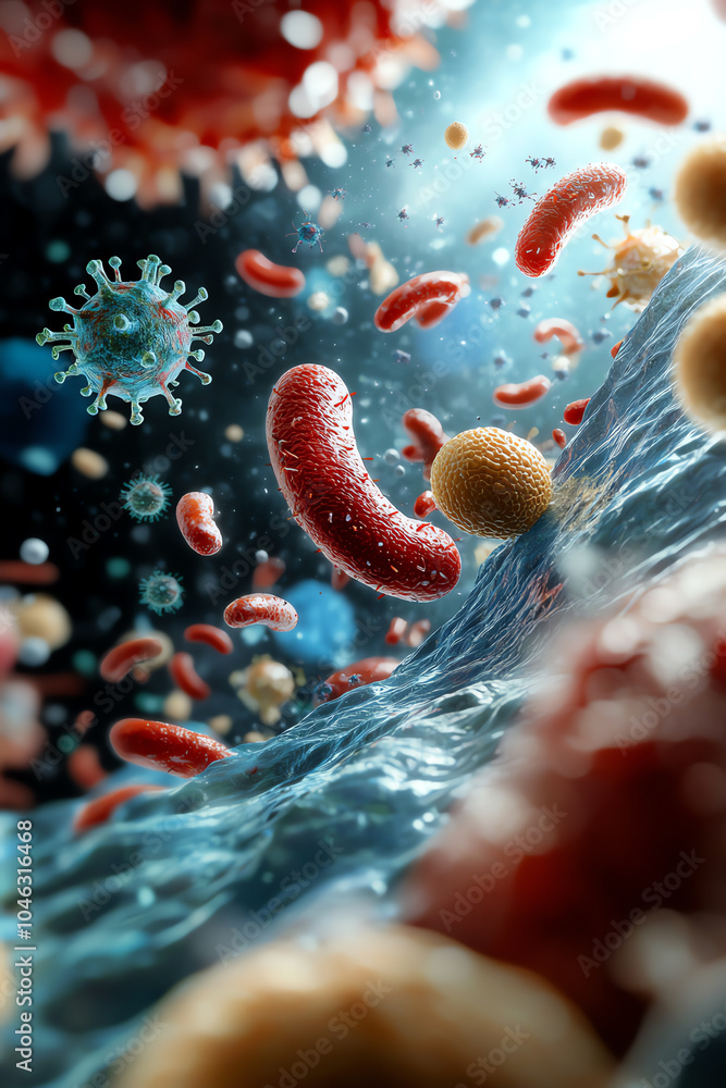 Poster exploring the microscopic world a journey through bacteria and viruses in a fluid environment