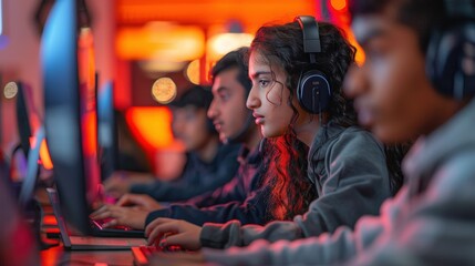 Students Engaged in Coding and AI Development in a Vibrant Learning Environment Together