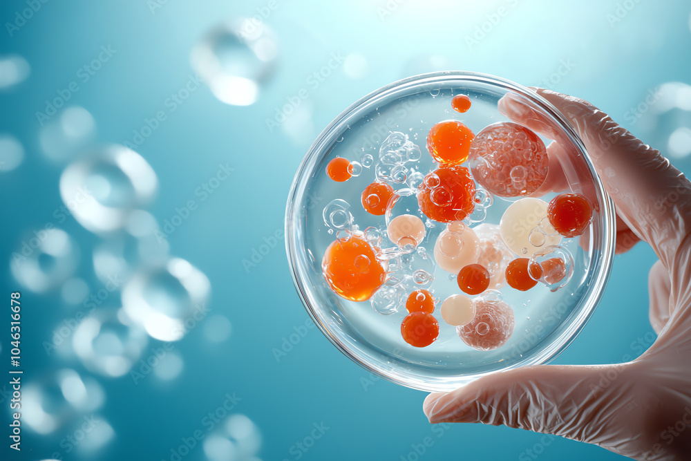 Aufkleber exploring the world of microscopic life a closer look at bubbles and colorful particles in a petri d