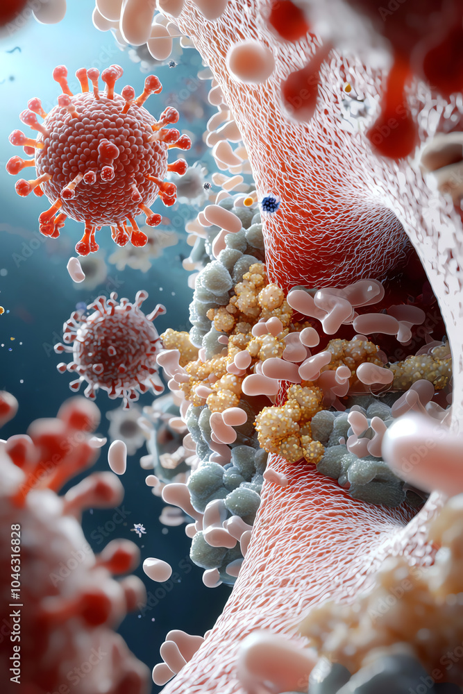 Poster exploring the intricate world of viruses and cellular interactions in microscopic detail