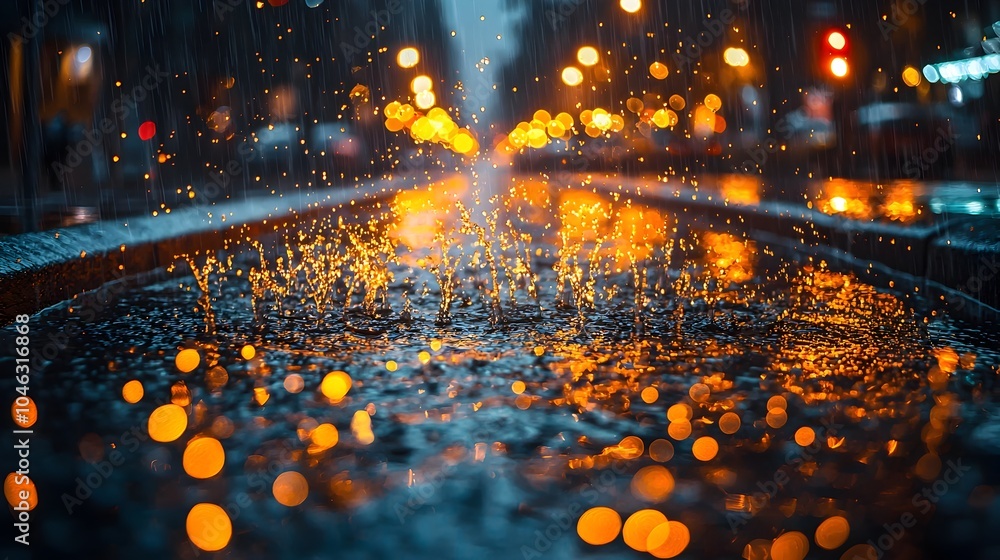 Poster a futuristic visualization of a smart drainage system under heavy rainfall featuring holographic ind