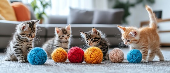 Kittens playing with colorful yarn balls