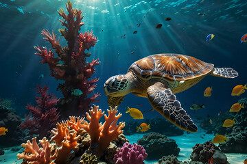 Obraz premium An underwater view of a sea turtle swimming gracefully through colorful coral reefs