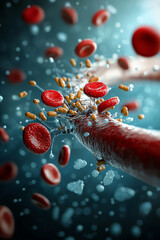 Fototapeta premium Microscopic journey exploring the intricate interactions of red blood cells and bacteria in the human circulatory system