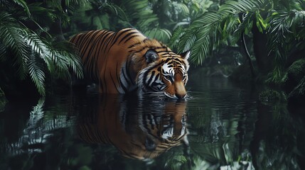 Tiger in a jungle, reflecting in water.