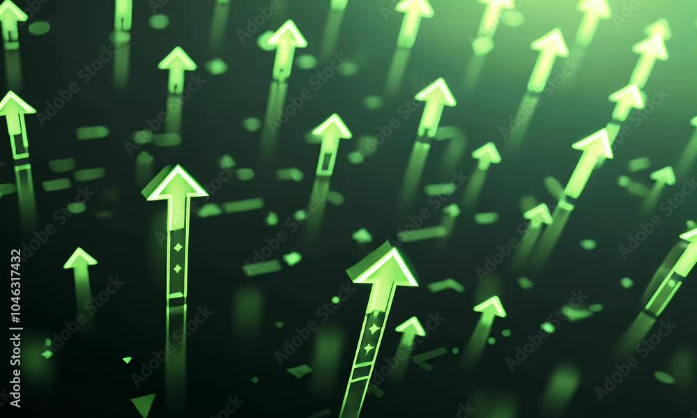 Poster 3d rendering of glowing green arrows pointing upwards on a digital background with blue lights and b