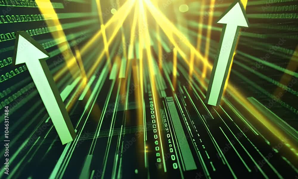 Poster 3d rendering of glowing green arrows pointing upwards on a digital background with blue lights and b