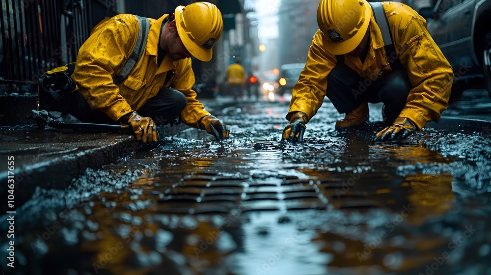 Poster professional workers inspecting and maintaining a city s underground drainage system using advanced 
