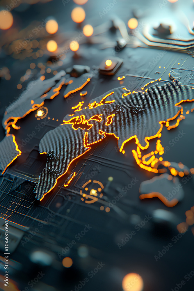 Poster illuminated world map circuitry a fusion of geography and technology in modern connectivity