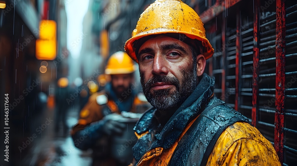 Poster a group of workers inspecting and maintaining the underground drainage system of a city utilizing sp