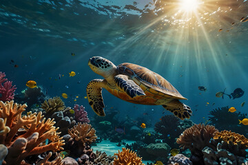 Obraz premium An underwater view of a sea turtle swimming gracefully through colorful coral reefs
