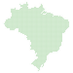 Green dotted map of Brazil. Abstract representation with small green dots forming the shape of Brazil. Minimalistic design, perfect for infographics, presentations, and geographic visualizations.