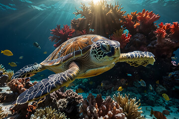 Obraz premium An underwater view of a sea turtle swimming gracefully through colorful coral reefs