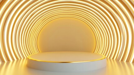 Obraz premium Abstract background with a golden light tunnel and a round podium for product presentation.