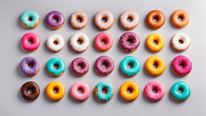 Fototapeta premium Minimalist Colorful Donuts Pattern on Light Grey background.