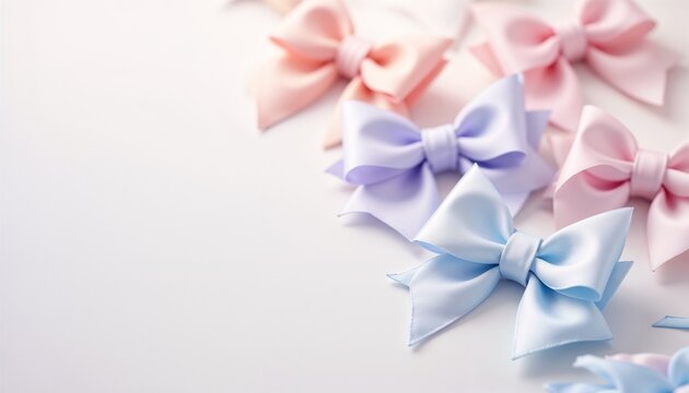 Pastel satin bows in soft colors on a light background with copy space