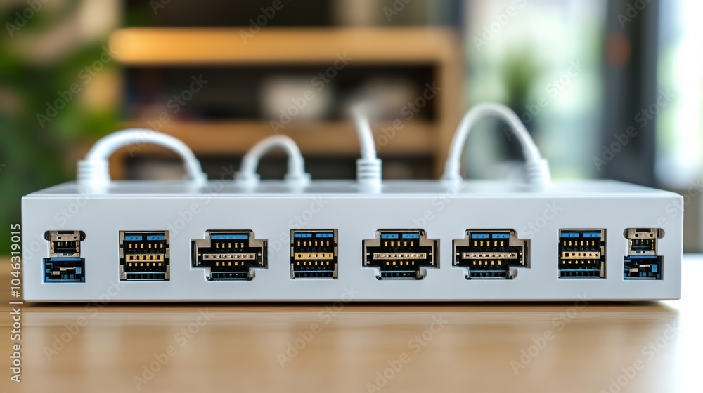 Poster Ethernet switch: An Ethernet switch with multiple ports connected to various devices, highlighting its use in distributing network connections.