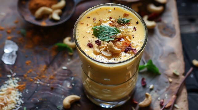 Coconut gold milk or kesar badam milk shake is created using milk herbs and cashews