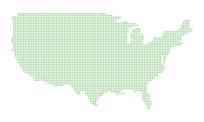 Green dotted map of the USA. Abstract design featuring small green dots forming the shape of the United States. Ideal for infographics, presentations, and geographic visuals.