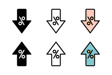 Percent arrow icon in several styles, representing business and financial concepts. Flat vector design, ideal for illustrating percentage changes, growth, and trends in reports, apps, and web projects