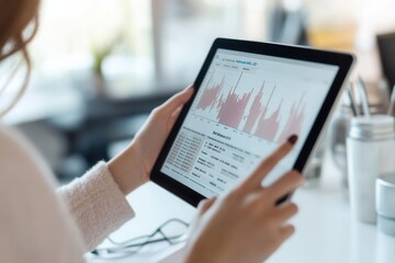 Businesswoman using a tablet to research low-volatility mutual funds, avoiding market risks