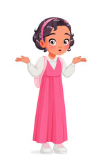 Confused Arab school girl shrugging shoulders. Cartoon vector illustration.