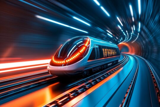 A sleek hyperloop pod zooming through a transparent tunnel, with futuristic architecture in the background, symbolizing ultra-modern public transit solutions