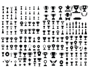 Collection of Trophy and Award Silhouettes - Black and White Vector Icons of Cups, Shields, and Stars
