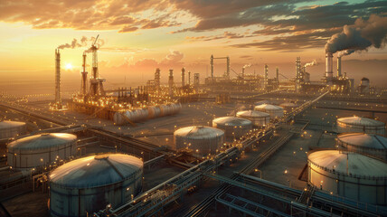 Naklejka premium A large industrial area with many tanks and a sunset in the background. Scene is industrial and serene
