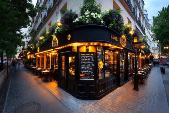 A small bistro in Paris with intimate tables, a handwritten menu, and elegant French dishes like croissants and escargot, symbolizing the classic charm of French dining
