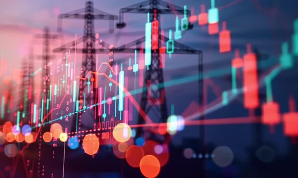 Sleek stock market chart with energy and electric elements, blurred background of an electrical grid tower or substation at dusk, symbolizing the impact on a hero in digital marketing for sustainable 