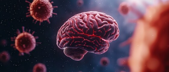 Fototapeta premium A brain surrounded by virus particles, showcasing the concept of neuroscience and microbiology.