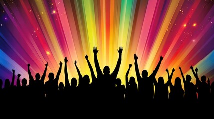 Silhouettes of a concert crowd cheering with arms raised, glowing stage lights in the background, vibrant energy, concert crowd, live music excitement